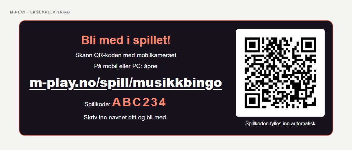 Velkomstvisningen viser QR-kode, nettadresse og spillkode. Eksempelvisning i M-Play.